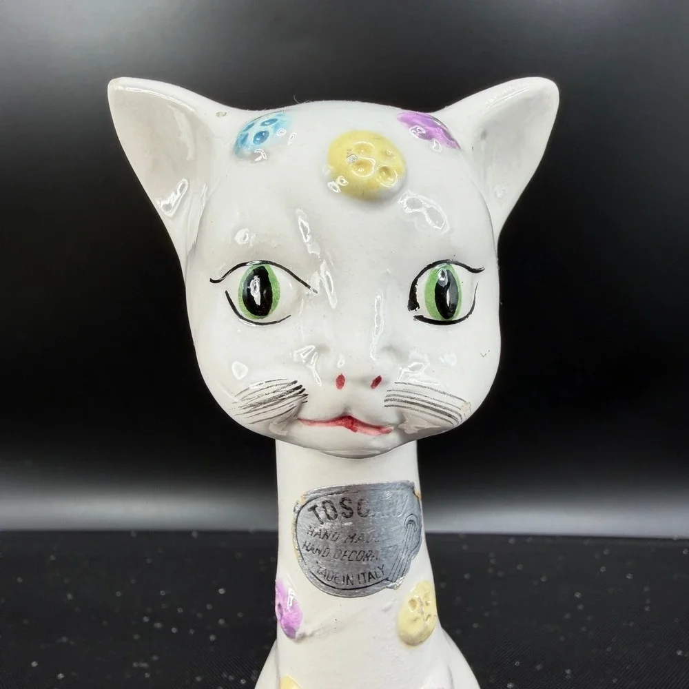 Vintage Tosca Italy Ceramic Cat Figurine MCM Hand Painted White Pastel Buttons